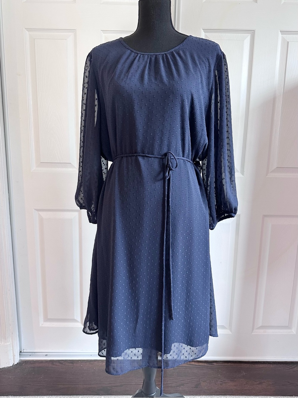 Ann Taylor Navy Blue Swiss Dot Tie Waist Dress